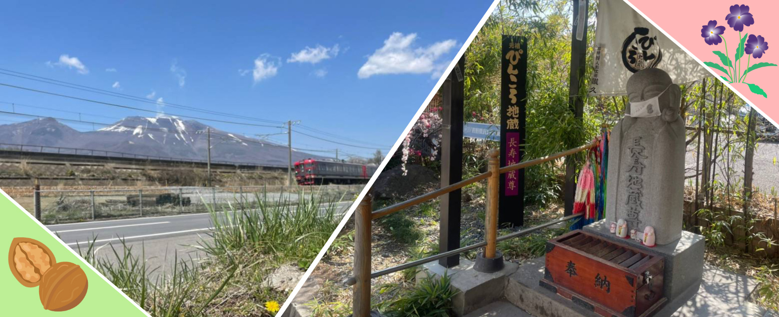 上田市内を走る赤い電車と長寿地蔵尊と書かれたぴんころ地蔵の写真